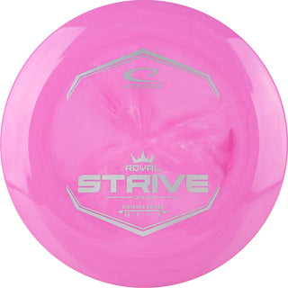 A pink Grand Strive disc golf disc.