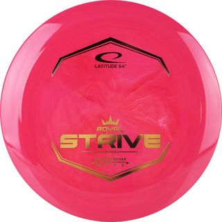 A red Grand Strive disc golf disc.