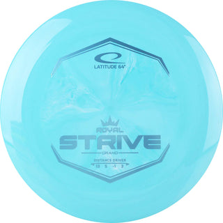 A turquoise Grand Strive disc golf disc.