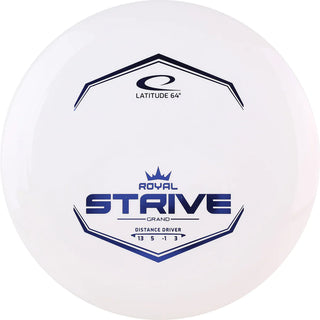 A white Grand Strive disc golf disc.