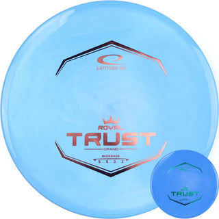 A blue Grand Trust disc golf disc.