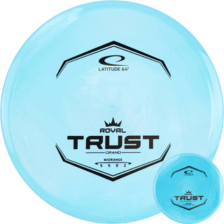 An turquoise Grand Trust disc golf disc.