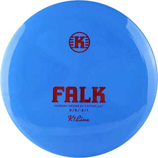 A blue K1 Falk disc golf disc.