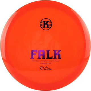 An orange K1 Falk disc golf disc.