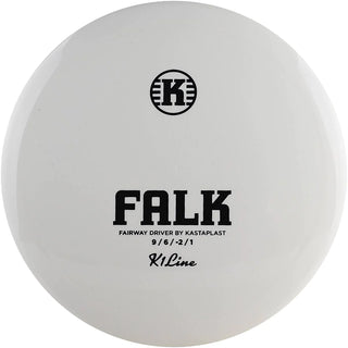 A white K1 Falk disc golf disc.