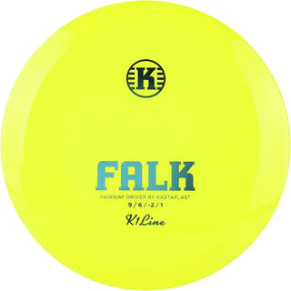 A yellow K1 Falk disc golf disc.