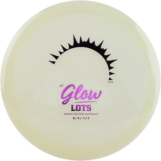 A white K1 Glow Lots disc golf disc made in luminescent plastic.