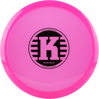 A pink K1 Kaxe Retooled disc golf disc.