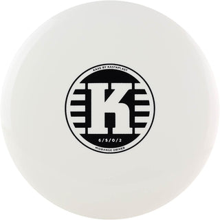 A white K1 Kaxe Retooled disc golf disc.