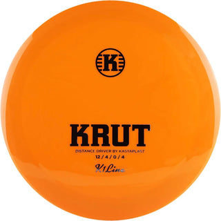 An orange K1 Krut disc golf disc.