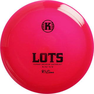 A pink K1 Lots disc golf disc.