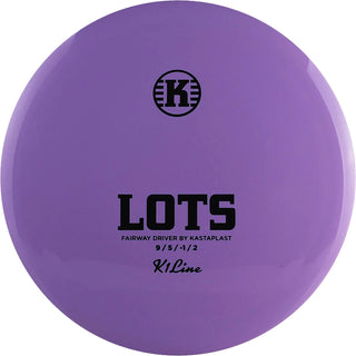 A purple K1 Lots disc golf disc.