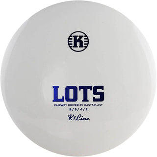 A white K1 Lots disc golf disc.