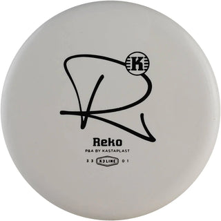 A white K3 Reko disc golf disc.