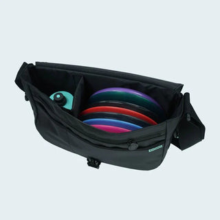 An open disc golf shoulder bag shown in top view containing a water bottle and discs.