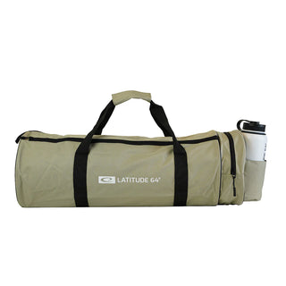 A large beige disc golf bag holding a water bottle in the side pocket.