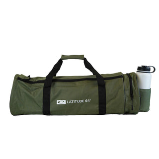 A large green disc golf bag holding a water bottle in the side pocket.