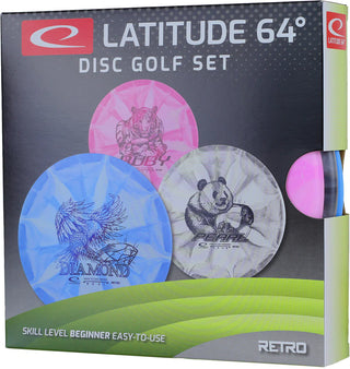Front view of a box containing a disc golf set consisting of three discs.