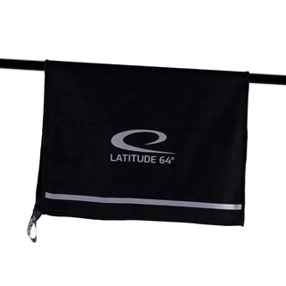 A black towel with Latitude 64's logo in gray on it.