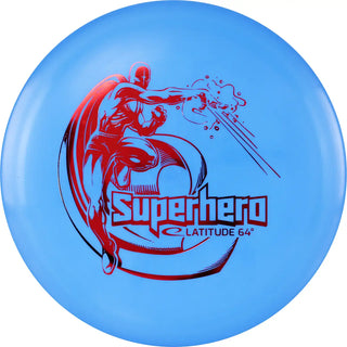 A blue SPZ Superhero disc golf disc.