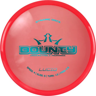 A red Lucid Bounty disc golf disc.