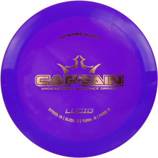 A purple Lucid Captain disc golf disc.