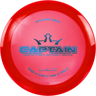 A red Lucid Captain disc golf disc.