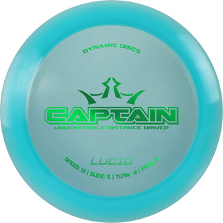 A turquoise Lucid Captain disc golf disc.