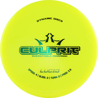 A yellow Lucid Culprit disc golf disc.