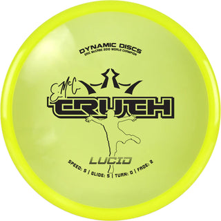 A yellow Lucid Emac Truth disc golf disc.