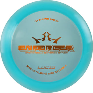 A turquoise Lucid Enforcer disc golf disc.