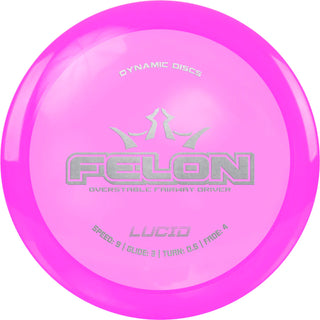 A pink Lucid Felon disc golf disc.