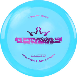 A turquoise Lucid Getaway disc golf disc.