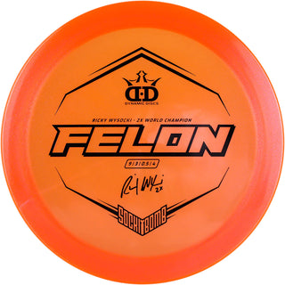 An orange Lucid Ice Glimmer Sockibomb Felon disc golf disc.