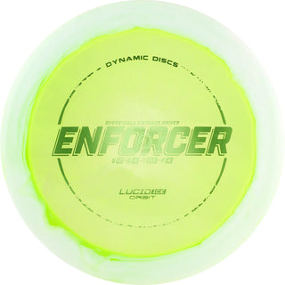 A green and white Lucid Ice Orbit Enforcer disc golf disc.