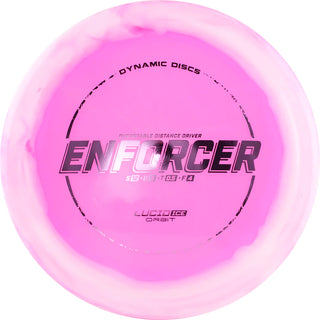 A pink and white Lucid Ice Orbit Enforcer disc golf disc.