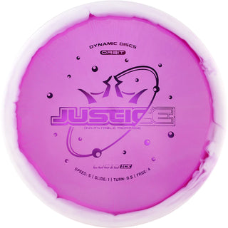 A purple and white Lucid Ice Orbit Justice disc golf disc.