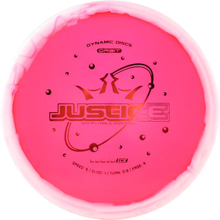 A red and white Lucid Ice Orbit Justice disc golf disc.