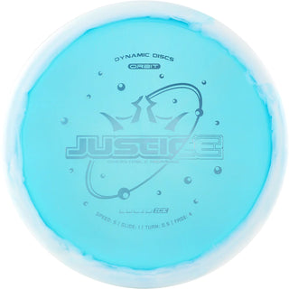 A turquoise and white Lucid Ice Orbit Justice disc golf disc.
