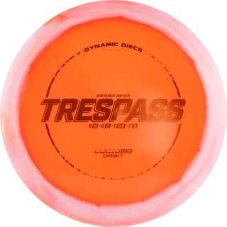 An orange and white Lucid Ice Orbit Trespass disc golf disc.