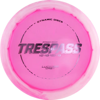 A pink and white Lucid Ice Orbit Trespass disc golf disc.