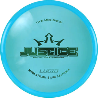 A turquoise Lucid Justice disc golf disc.