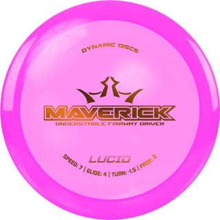 A pink Lucid Maverick disc golf disc.