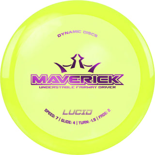 A yellow Lucid Maverick disc golf disc.