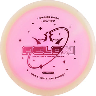 A pink and white Lucid Moonshine Orbit Felon disc golf disc made in luminescent plastic.