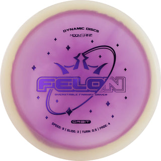 A purple and white Lucid Moonshine Orbit Felon disc golf disc made in luminescent plastic.