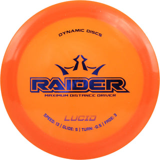 An orange Lucid Raider disc golf disc.