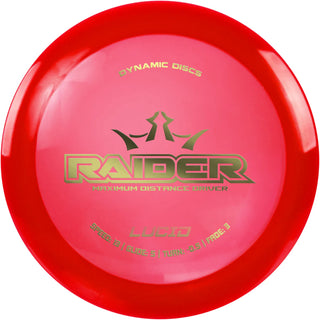 A red Lucid Raider disc golf disc.