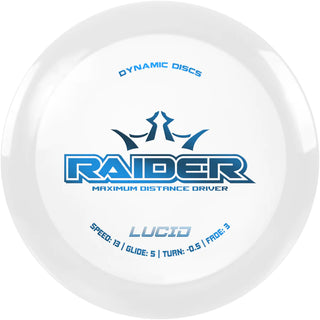 A white Lucid Raider disc golf disc.