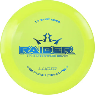 A yellow Lucid Raider disc golf disc.